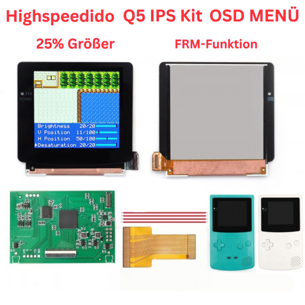 Gameboy Color - Nintendo Gameboy Color Q5 IPS Kit | Pre-laminated | Vor laminiertes Displayglas | Highspeedido | 3,1 Zoll | 25% mehr Bildfläche |